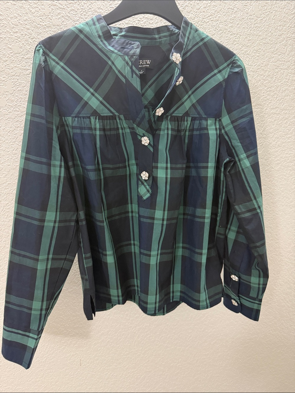J.Crew Jeweled Button Popover Tunic Black Watch Tartan Organic Cotton Women's S